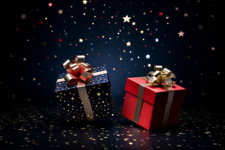 Festive Christmas present red blue box with golden bow flying in night star sky. Holiday party surprise gift package compositionの素材