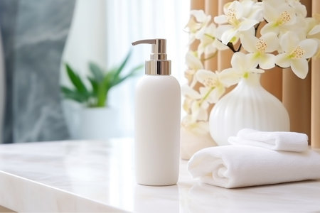 Cosmetic bottle of face skin care lotion mockup on spa table. Dispenser tube for hands body cream beauty conceptの素材