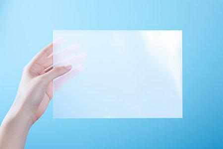 Woman hand holding transparent sheet of plastic on blue background. White frame border mockup template with empty copy spaceの素材