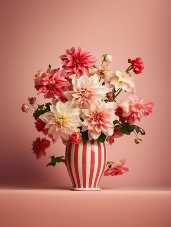 Bouquet of colourful chrysanthemum flowers in vase standing on table. Romantic still life composition on pink backgroundの素材