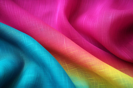 Neon colour silk wave drapery abstract background. Flowing fabric textureの素材