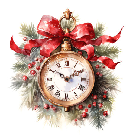 Watercolor old retro clock countdown with pine evergreen branch and red bow on white background. Merry Christmas and happy New Year conceptの素材