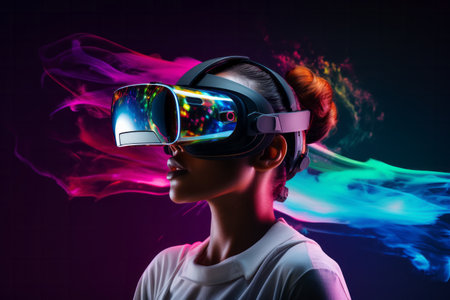 Futuristic contemporary technology woman in virtual reality game glasses in neon lights. Innovative visual device tech development conceptの素材