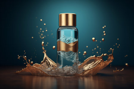 Skin care tonic water bottle template in liquid splash. Teal and gold micellar container mockupの素材