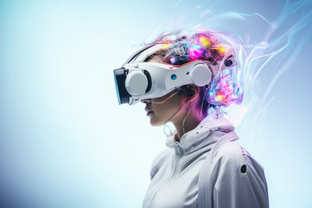 Woman wearing virtual reality technology glasses on light blue colour background. Modern futuristic metaverse tech conceptの素材