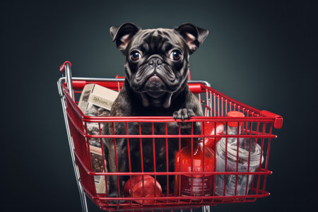 Cute black french bulldog sitting in red grocery trolley on dark background. Little dog puppy closeup portraitの素材