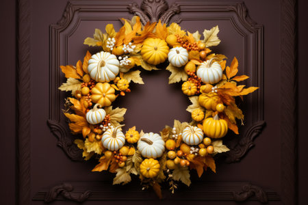 Handmade wreath of small orange white pumpkins and floral leaves on entrance door background. Halloween celebration conceptの素材