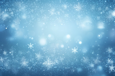 White crystal snowflakes on light blue background with blur bokeh. Winter holiday conceptの素材