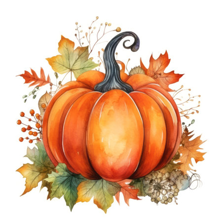 Watercolor autumn pumpkin with green orange maple leaves on white background. Halloween Thanksgiving conceptの素材