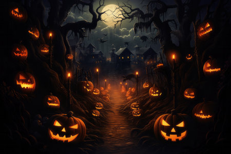 Halloween scary carved pumpkin faces standing along spooky forest road on moonlight background. Creepy candle lights at old night mystery townの素材