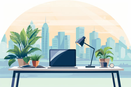 Cartoon-style business office interior with green plants. Corporate conceptの素材