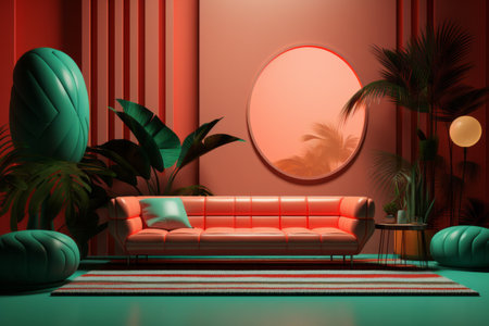 Contemporary expressive home interior in bright green salmon colours. Modern pop art conceptの素材