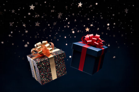 Christmas present shining blue box with golden red bow flying in night star sky on dark background. Holiday party surprise gift package compositionの素材