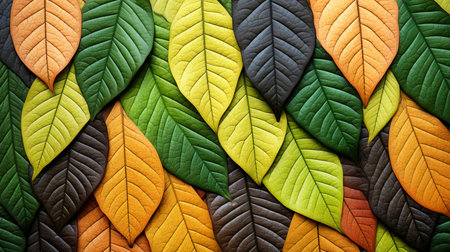 Colorful background of close up shot autumn leaves. Bright texture minimal green yellow orange backdropの素材