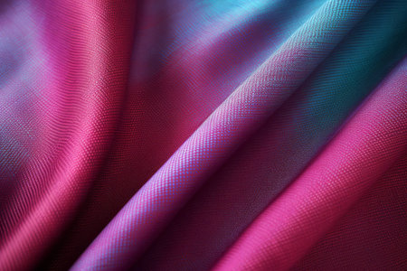 Bright colourful neon textile cloth folds abstract background. Rough fabric tissue curvesの素材