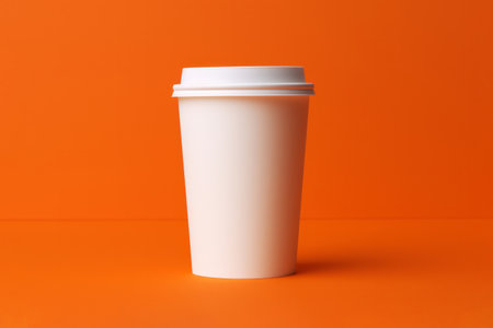 White paper mockup coffee tea plastic take go away cup on orange background. Empty blank template designの素材