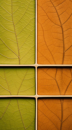 Autumn leaf texture background frame in orange green brown colours. Dry leaves macro close vertical backdropの素材