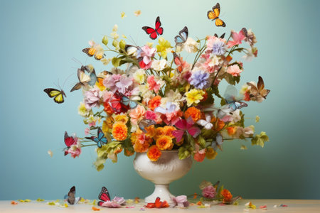 Spring blossom elegance beautiful flower bouquet in vase with flying butterfly. Romantic conceptの素材