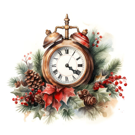 Watercolor retro clock with festive pine cone and red berries. Merry Christmas and happy new year concept on white backgroundの素材