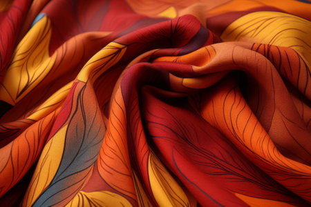 Autumn leaves orange colour silk satin wave draper abstract background. Flowing fabric materialの素材