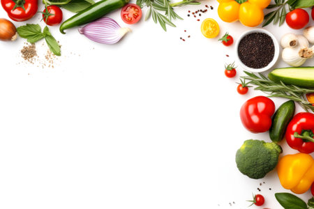 Fresh organic vegetables on white background. Healthy food concept with copy spaceの素材