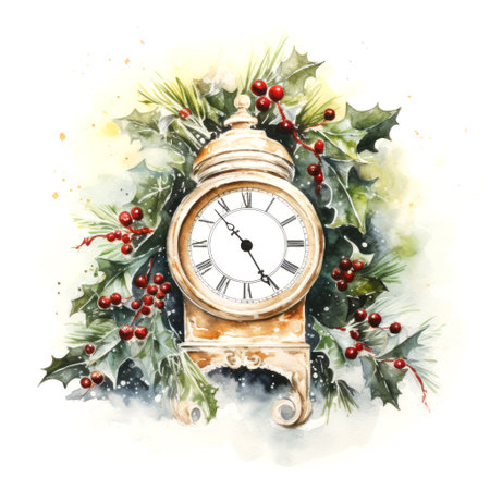 Festive watercolor clock with pine branch and winter berries. Merry Christmas and happy new year concept on white backgroundの素材