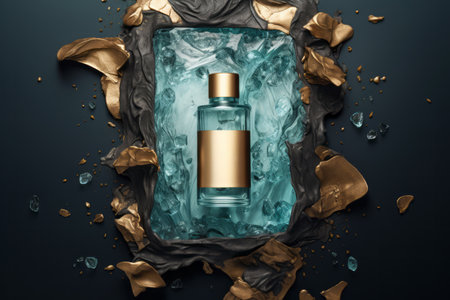 Template mockup of serum face care bottle in teal golden colours on aqua background. Moisturising tonic skin care water templateの素材