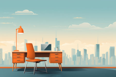 Modern office interior with desk armchair and lamp. Empty workspace room on light blue cityscape backgroundの素材