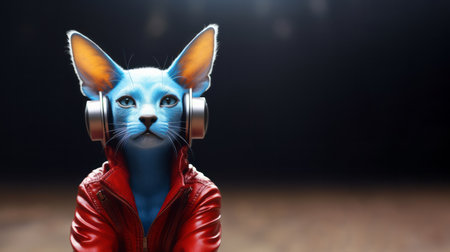Hyper realistic blue cat in red leather jacket and headphones on dark background. Futuristic anthropomorphic animalの素材