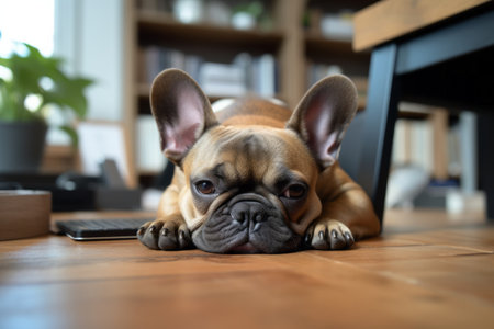 Sad lonely French bulldog puppy waiting his owner at home. Bored upset dog animalの素材