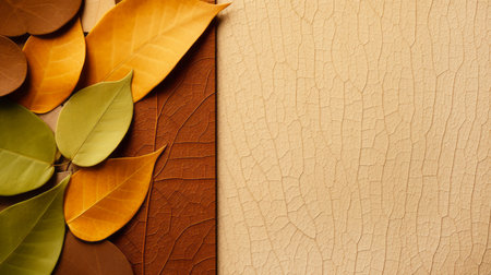 Abstract texture with copy space and colourful autumn leaves background. Banner template with cracked paint wall in soft earthy coloursの素材