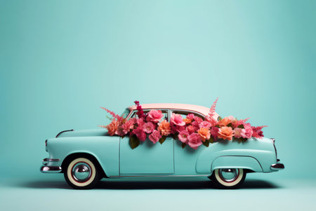 Vintage retro car full with flowers on mint light teal copy space background. Old antique romantic luxury delivery bouquet auto for holidaysの素材
