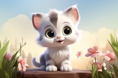 Funny kitten cartoon character sitting among flowers. Playful curious little girl kitty cat with big eyes smiling on sky backgroundの素材
