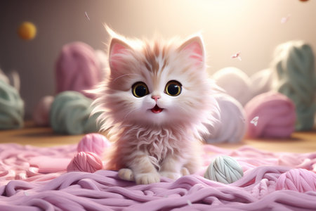 Cute kitten cartoon character playing with knitting threads. Playful curious little cat with big eyes among colourful skeins of yarnの素材