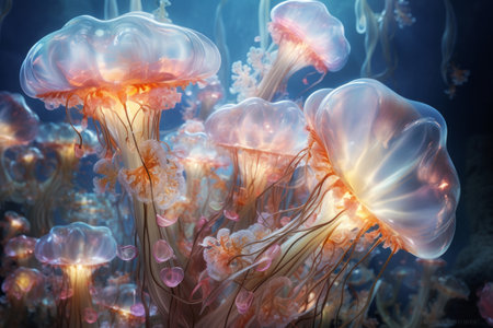 Neon ocean dreams captivating underwater photography of jellyfish. Sea life conceptの素材