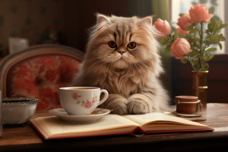 Cute furry grey cat sitting at table with cup of coffee and flowers. Funny kitten reading bookの素材