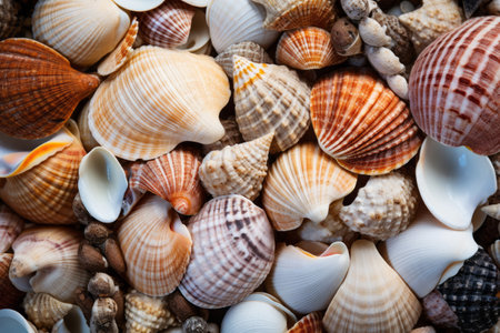 Background of colorful seashells closeup shot. Sea life conceptの素材
