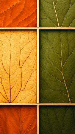 Frame border with autumn leaf background in yellow orange green colours. Dry leaves texture backdropの素材