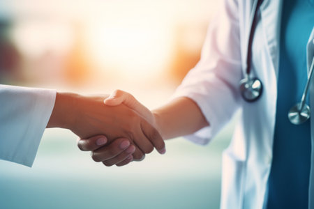 Doctor and patient handshake in medical hospital. Healthcare medicine conceptの素材
