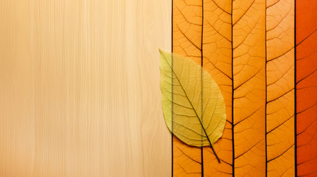 Autumn template textured background with oak wood and dry leaf. Banner backdrop copy space empty design in soft earthy coloursの素材