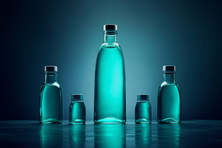 Refreshing tonic copy space reusable glass bottle mockup with reflection on surface. Product template conceptの素材