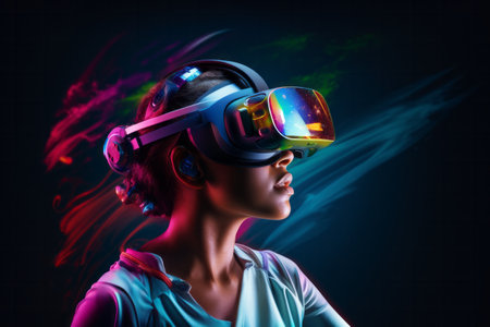 Modern technology woman in virtual reality game glasses in neon lights. Innovative visual device tech development conceptの素材
