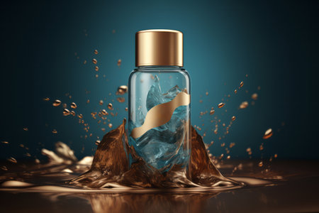 Cosmetic mockup micellar bottle in teal and golden colours splash. Skin care conceptの素材
