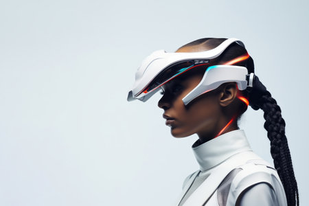 Virtual technology woman side view portrait with empty copy space background. Futuristic headset headgear tech gadgetの素材