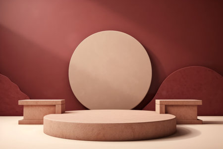 Minimal product studio geometrical podium in light maroon and dark beige colours. Circle beauty stage platform pedestalの素材