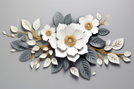 Paper cut white spring flower composition on grey background. Origami abstract art decoration blossom element designの素材