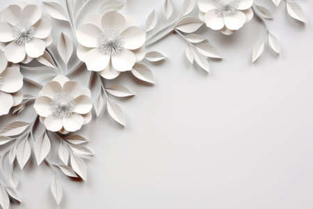 Paper cut decor with blooming white flowers in left corner on light background. Abstract hand craft floral compositionの素材