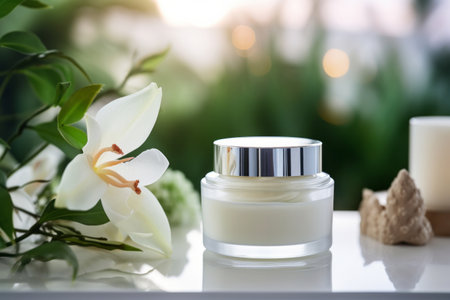 Luxury elegant face cream product mockup at spa table with orchid flowers. Self care conceptの素材