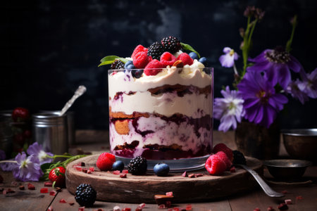 Delicious tiramisu cake with fresh berries. Italian sweet treatの素材