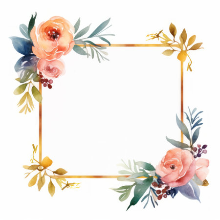Watercolor frame with bouquet of flowers in corner on white background. Empty copy space card templateの素材